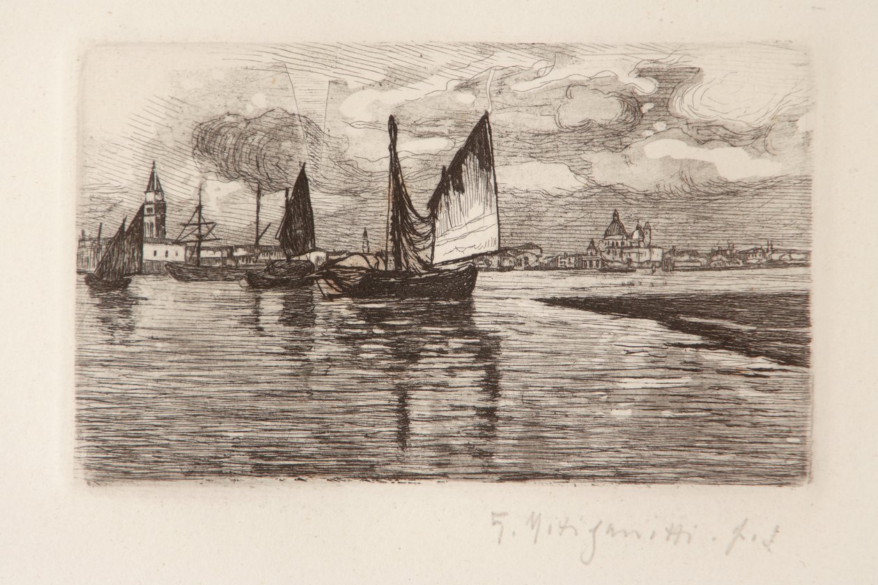 Boten in de lagune door Giuseppe Miti Zanetti