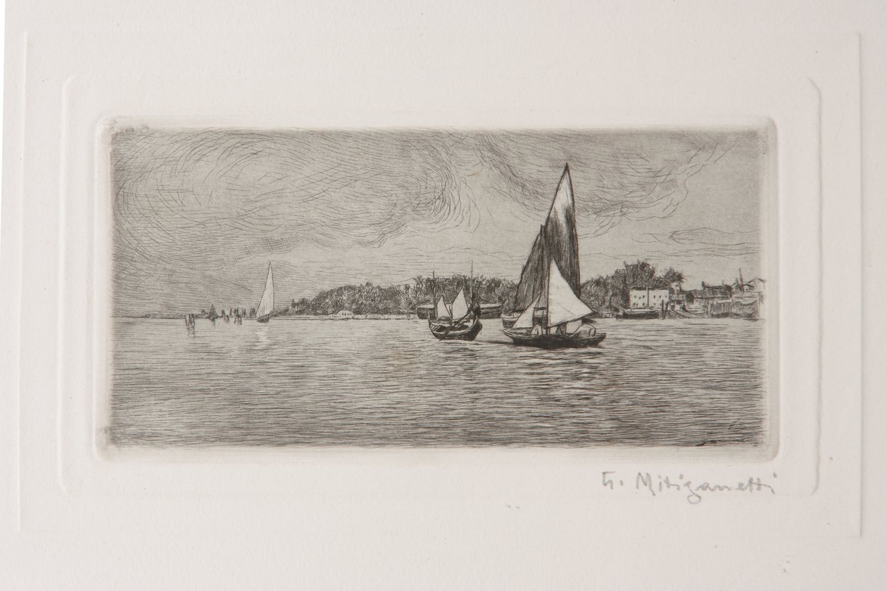 Boten in de Lagune door Giuseppe Miti Zanetti