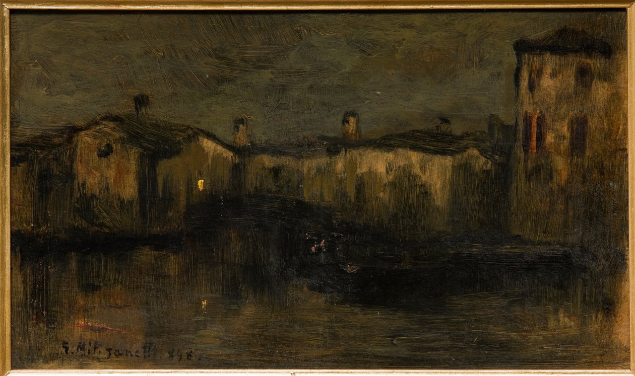 Landschap met huizen door Giuseppe Miti Zanetti