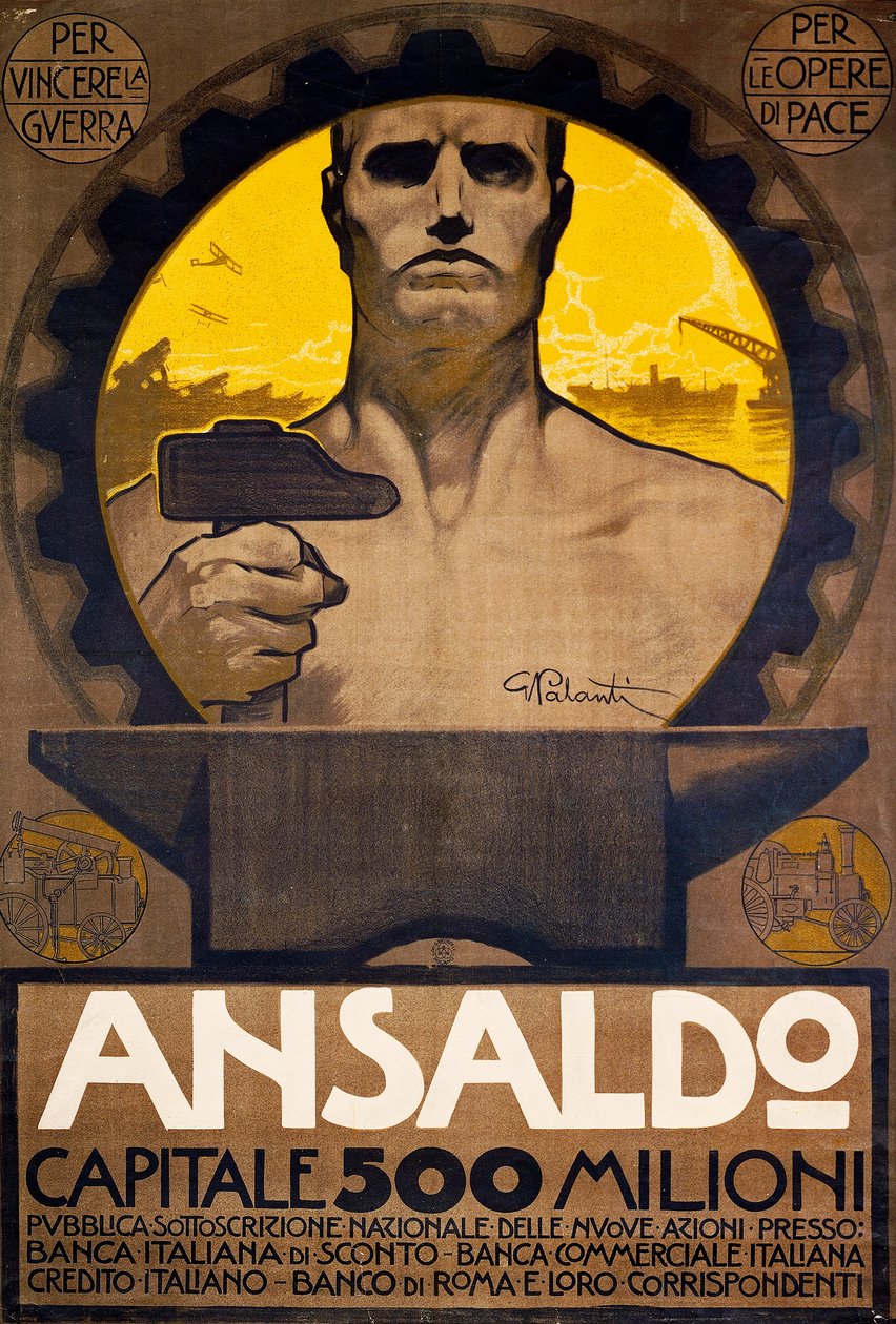 Werker met hamer en aambeeld, poster van Ansaldo van Genua voor de inschrijving van nieuwe aandelen door Giuseppe Palanti