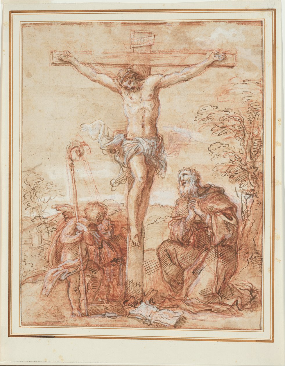 Sint Augustinus en twee engelen die het kruis aanbidden door Giuseppe Passeri