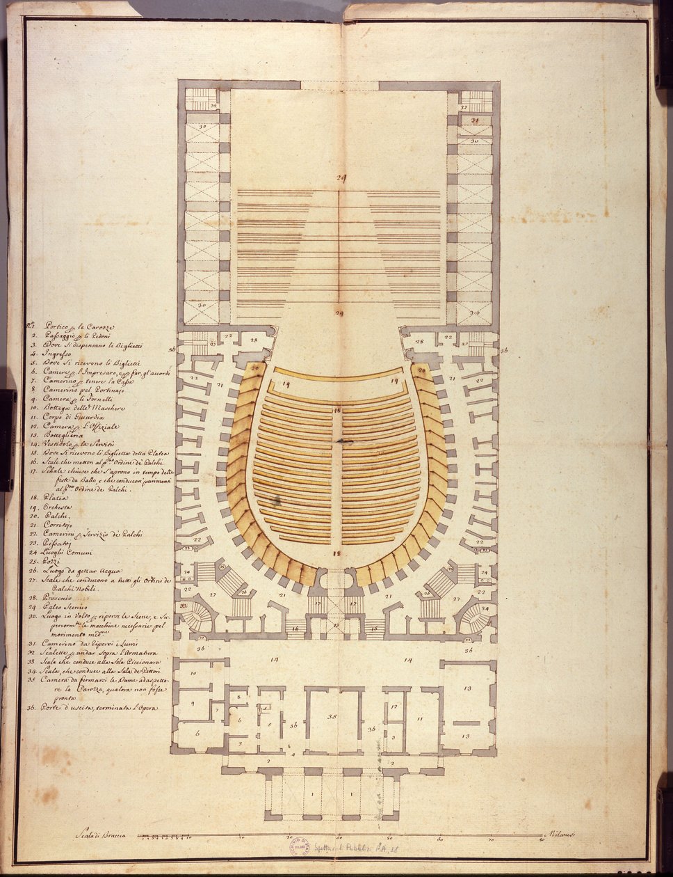 Originele tekening van de binnenarchitectuur van het Teatro alla Scala door Giuseppe Piermarini