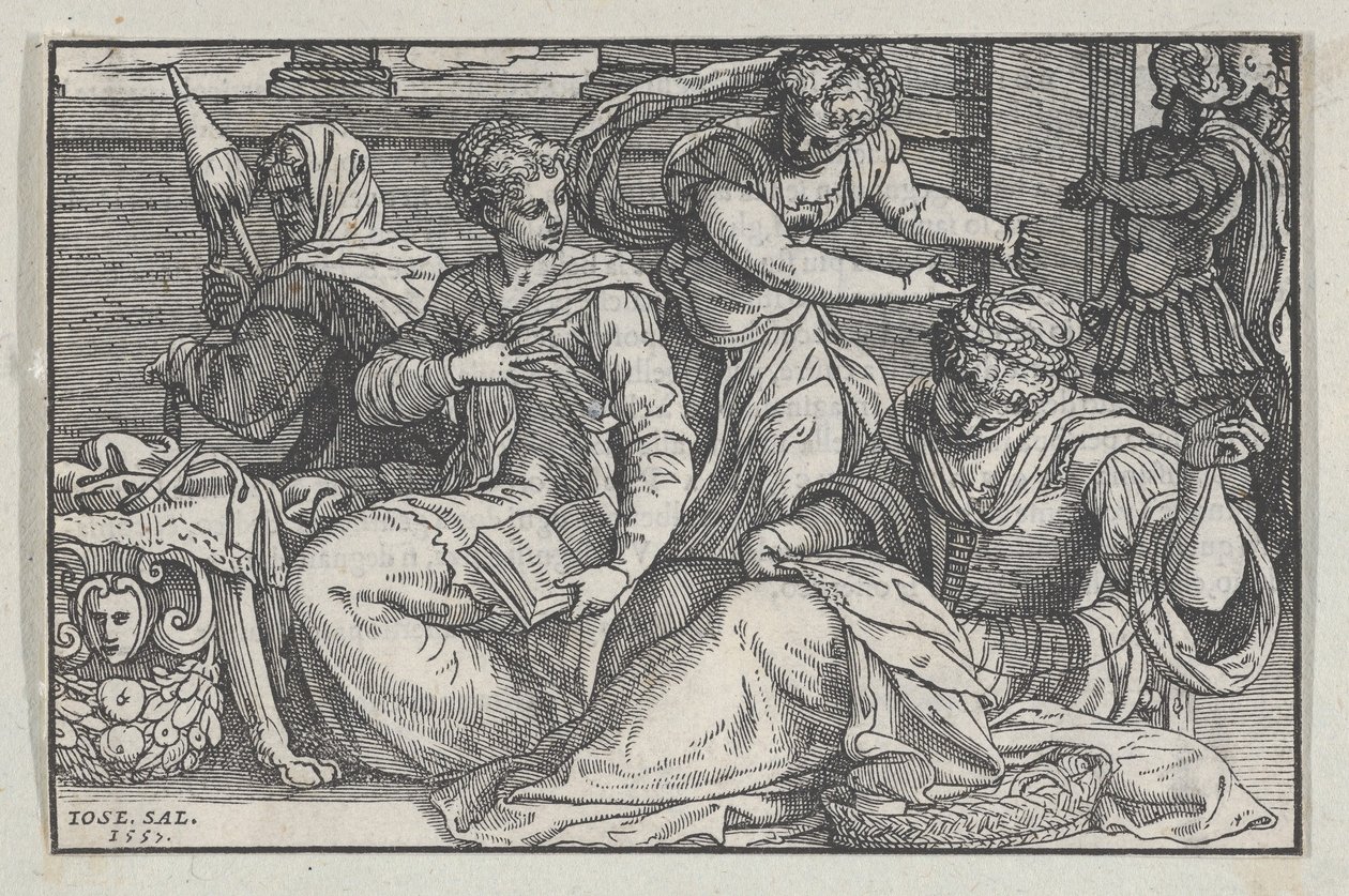 Lucretia die haar dochters lesgeeft in handwerken, 1557 door Giuseppe Porta