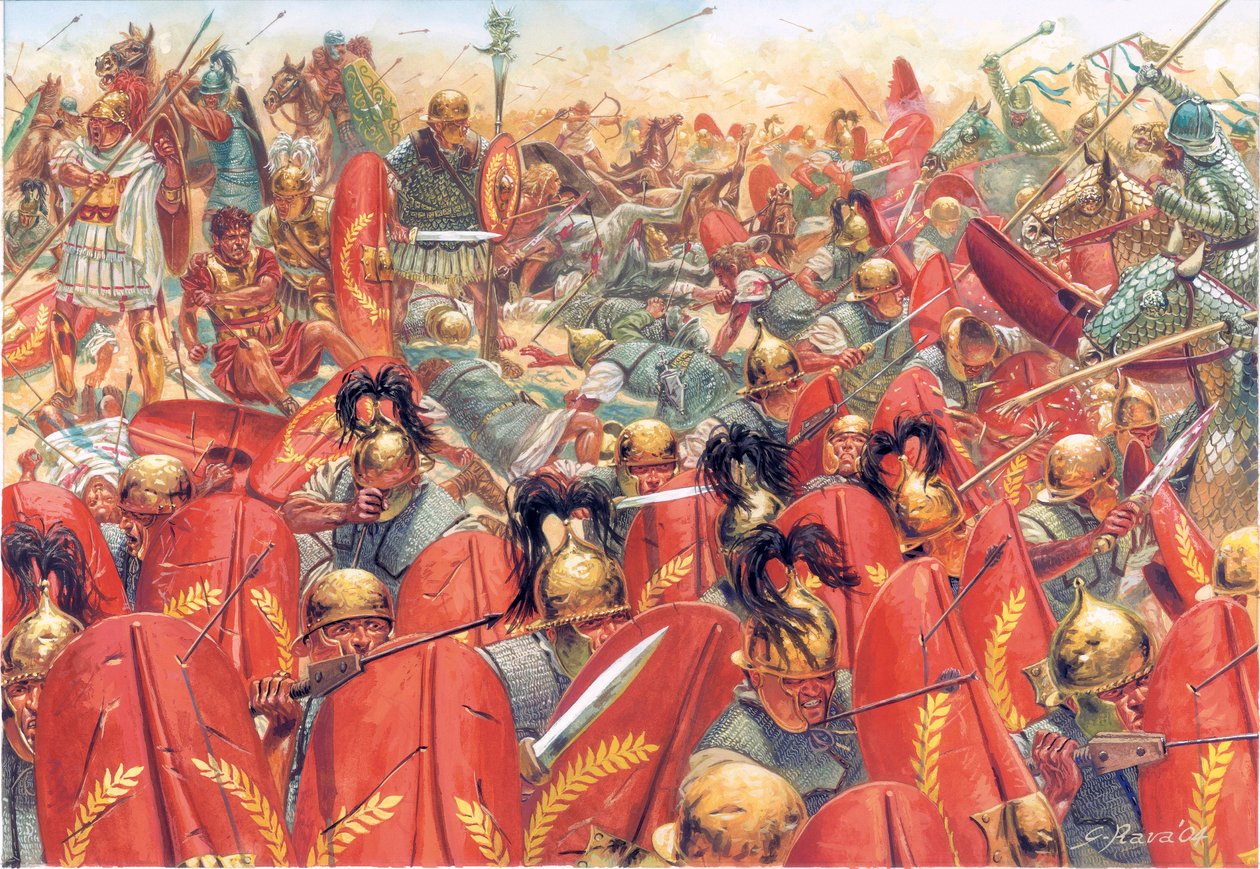 Oud Rome: de Slag bij Carrhes (of Charan) versloeg de Romeinse legioenen onder generaal Crassus, door de Parthen geleid door generaal Surena op 9 juni door Giuseppe Rava