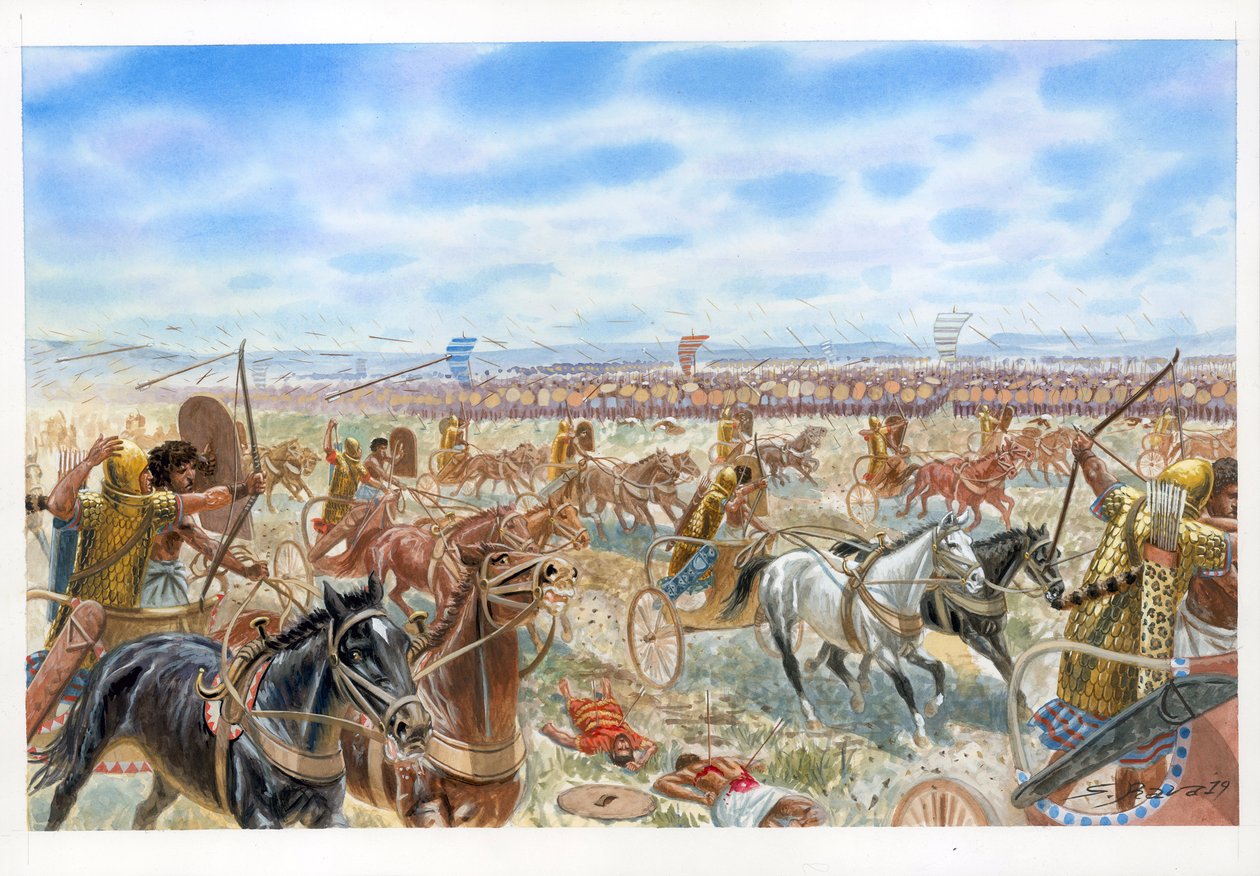 Slag bij Megiddo tussen Egyptenaren en Syro-Cananeërs door Giuseppe Rava