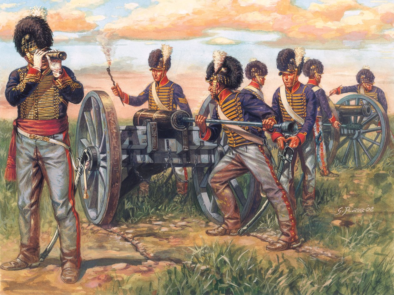 Eerste Keizerrijk: Engelse artilleriesoldaten die een kanon laden tijdens de Slag bij Waterloo in 1815 - Illustratie door Giuseppe Rava door Giuseppe Rava