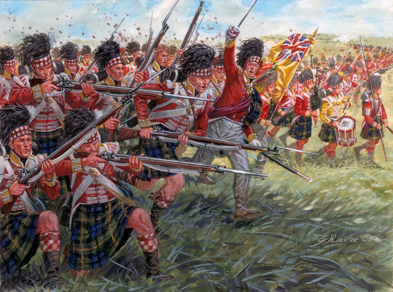 Eerste Keizerrijk: De aanval van de Schotse infanterie bij de Slag bij Waterloo door Giuseppe Rava