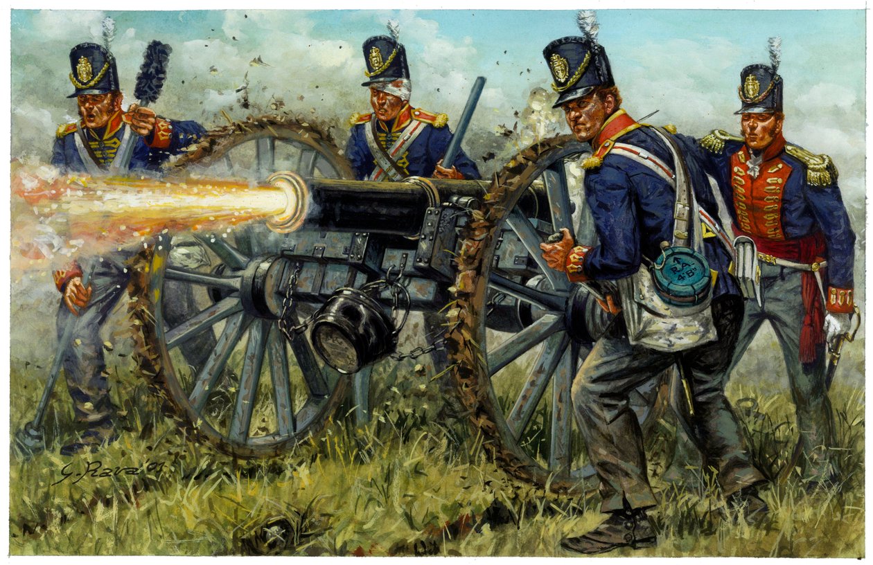 Eerste Keizerrijk: de Koninklijke Voetartillerie tijdens de Slag bij Waterloo op 18 juni 1815 - Illustratie door Giuseppe Rava door Giuseppe Rava