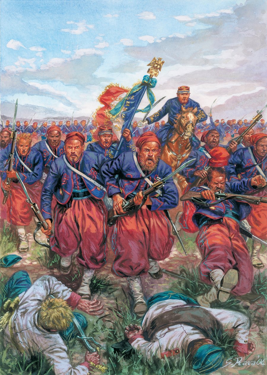Italiaanse Campagne van 1859 (Tweede Italiaanse Onafhankelijkheidsoorlog): de charge van de Zouaven van het Franse Leger van Napoleon III tijdens de Slag bij Solferino op 24/06/1859 - Tweede Italiaanse Onafhankelijkheidsoorlog (Frans-Oostenrijkse Oorlog, O door Giuseppe Rava