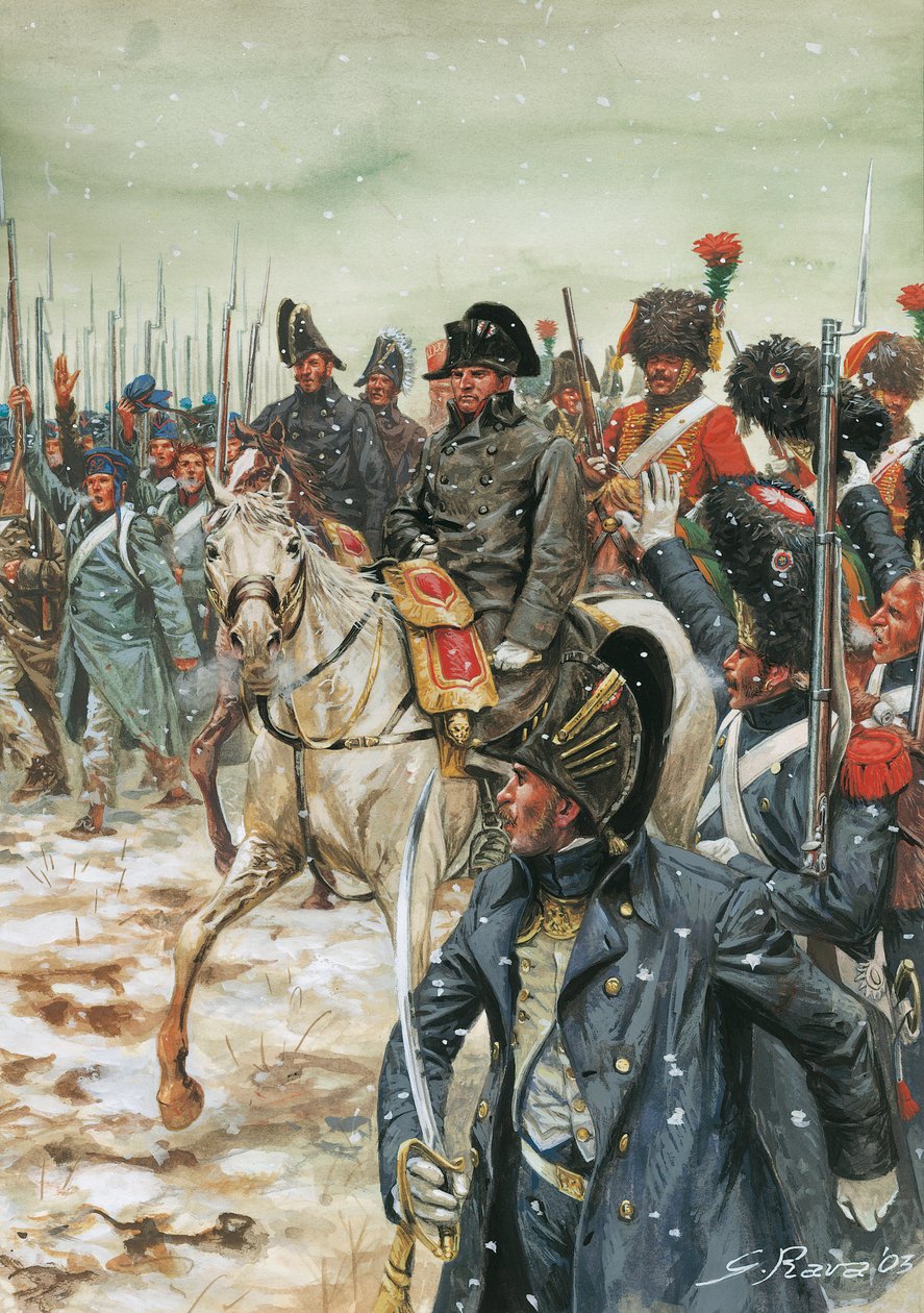 Leve de keizer! Keizer Napoleon I (1769-1821) te paard omringd door zijn leger tijdens de Franse campagne in januari 1814 - Illustratie door Giuseppe Rava door Giuseppe Rava