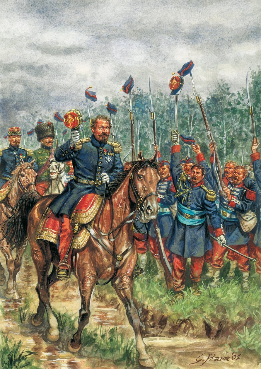Napoleon III (1808-1873) een paard begroet door zijn leger (tekening) door Giuseppe Rava