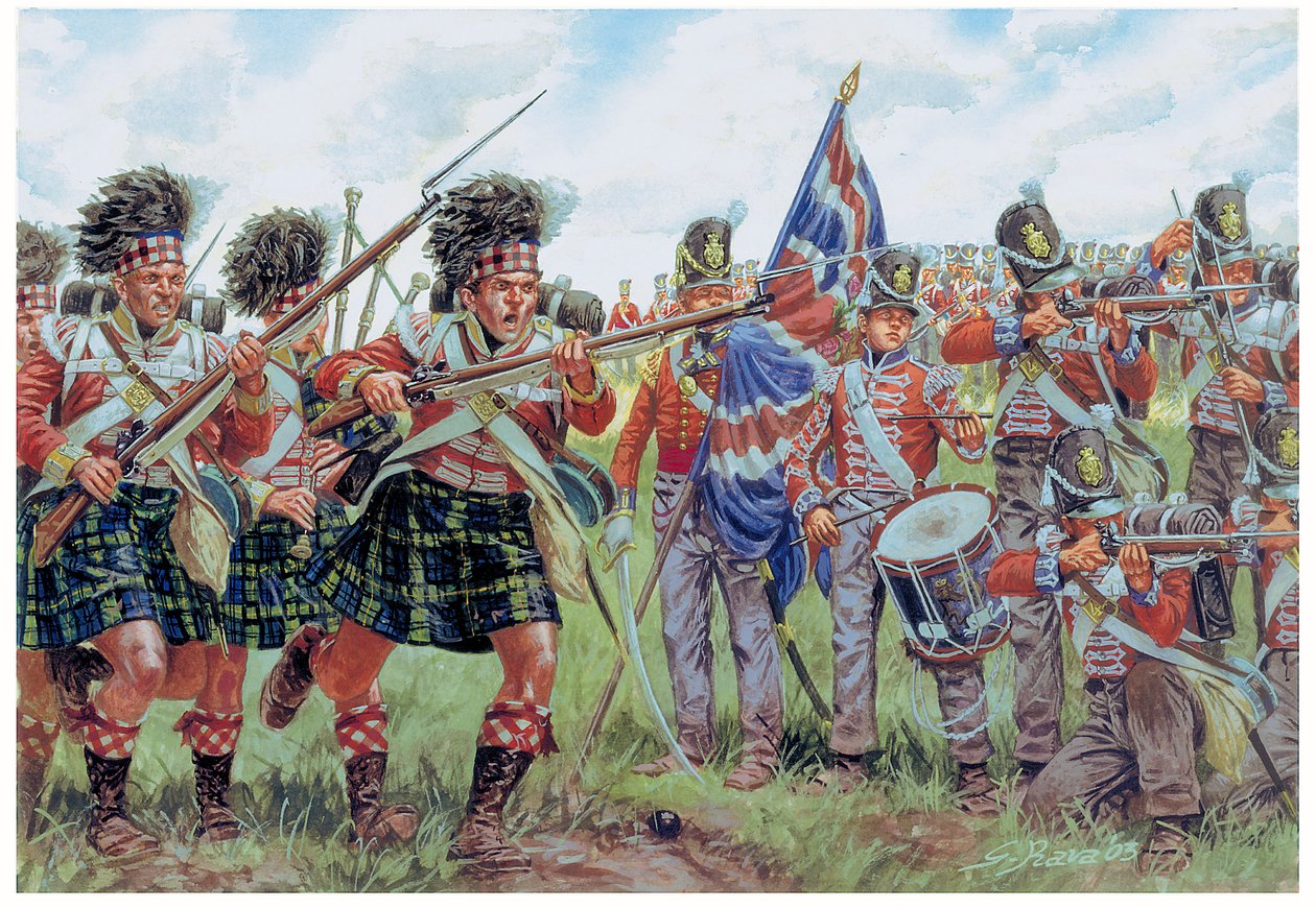 Napoleontische Oorlogen: Schotse en Britse soldaten bij de Slag van Waterloo op 18 juni 1815 - Illustratie door Giuseppe Rava door Giuseppe Rava