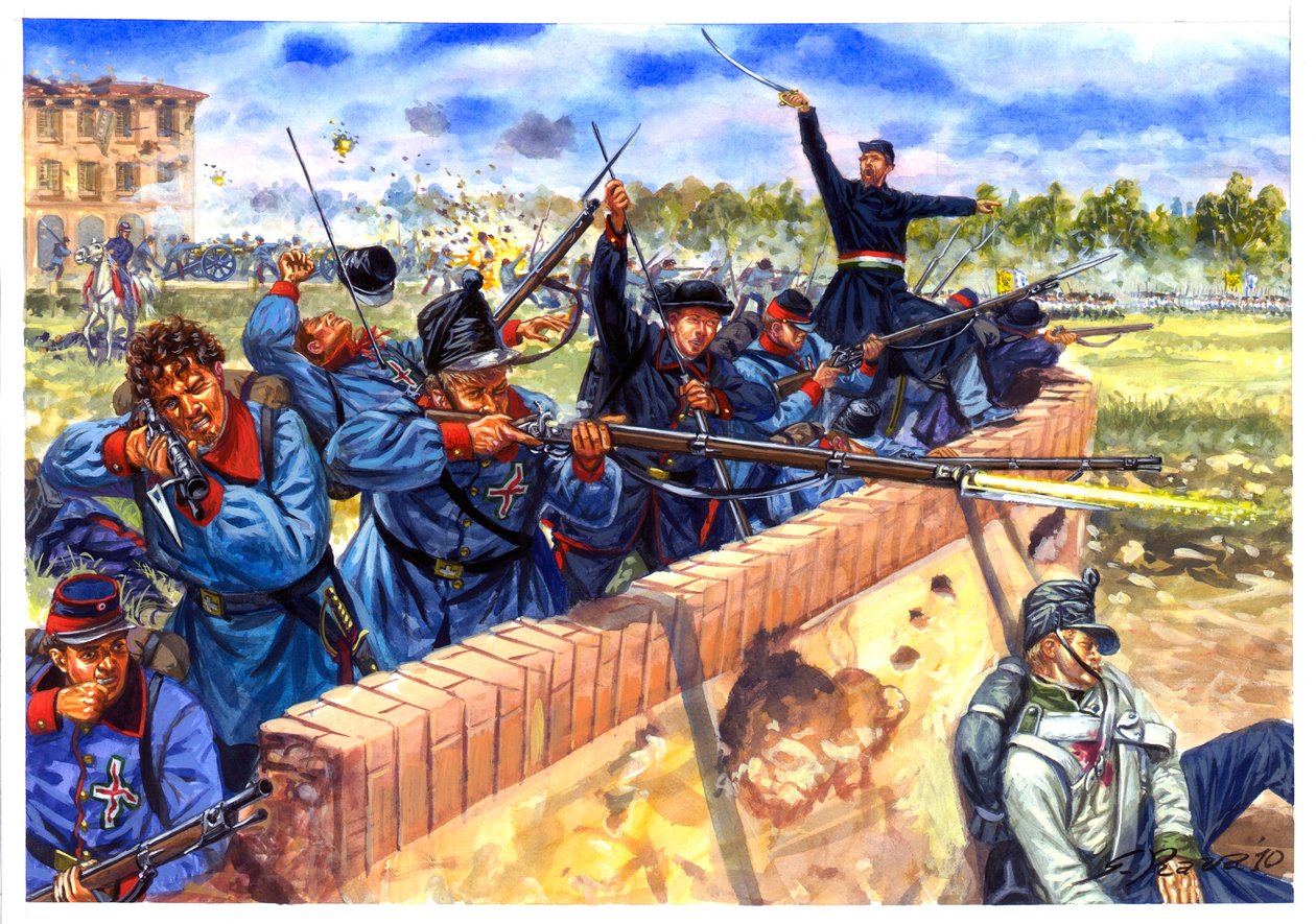 Risorgimento, Eerste Italiaanse Onafhankelijkheidsoorlog, Italiaanse studenten tijdens de slag bij Curtatone en Montanara op 29/05/1848 - Illustratie door Giuseppe Rava door Giuseppe Rava
