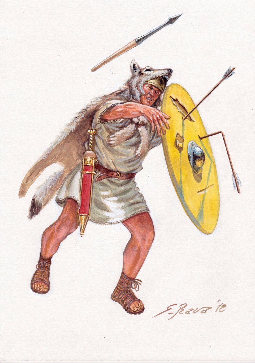 Romeinse oudheid (Republiek): veliet (lichte infanterist van de arme eeuwen) van het Romeinse leger - velieten uit de Romeinse republiek - Illustratie door Giuseppe Rava door Giuseppe Rava