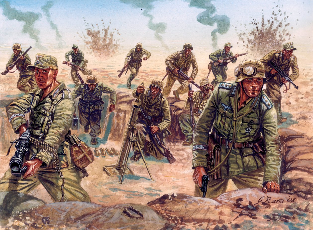 Tweede Wereldoorlog, Noord-Afrikaanse campagne: soldaat van het Deutsches Afrikakorps (Afrika Korps, Afrikakorps of DAK), Duitse expeditieleger, in de Libische woestijn door Giuseppe Rava