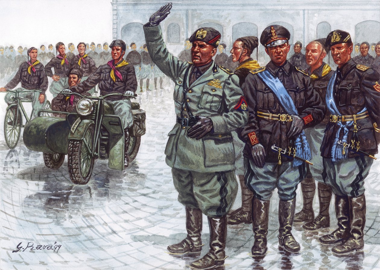 De Duce Benito Mussolini met zijn Zwarthemden tijdens een Militaire Parade door Giuseppe Rava