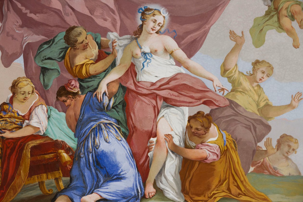 Voorstellingen van de mythe van Diana, door Domenico en Giuseppe Valeriani, fresco, gewelfd plafond van de slaapkamer, Koninklijk appartement, Jachthuis, door Filippo Juvarra (1678-1736), Stupinigi, Piëmont, Italië door Giuseppe and Valeriani Domenico Valeriani