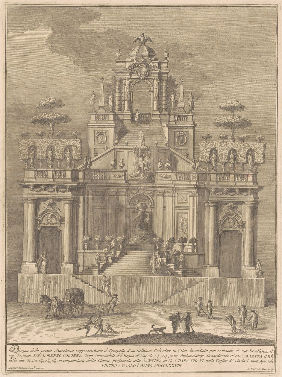 De Prima Macchina voor de Chinea van 1778: Een plattelandsbelvedère met Hercules en Antaeus door Giuseppe Vasi, after Giuseppe Palazzi