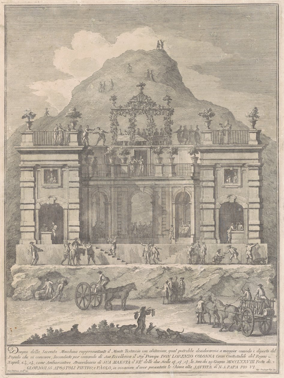 De Seconda Macchina voor de Chinea van 1778: Een Woning nabij Monte Testaccio door Giuseppe Vasi, after Giuseppe Palazzi