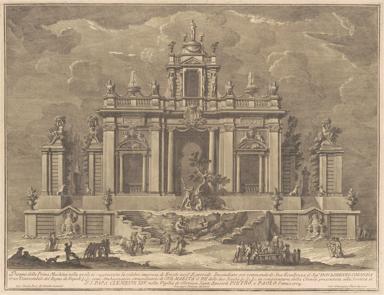 De Prima Macchina voor de Chinea van 1774: Hercules en de Draak in de Tuin van de Hesperiden door Giuseppe Vasi, after Giuseppe Palazzi, after Paolo Posi