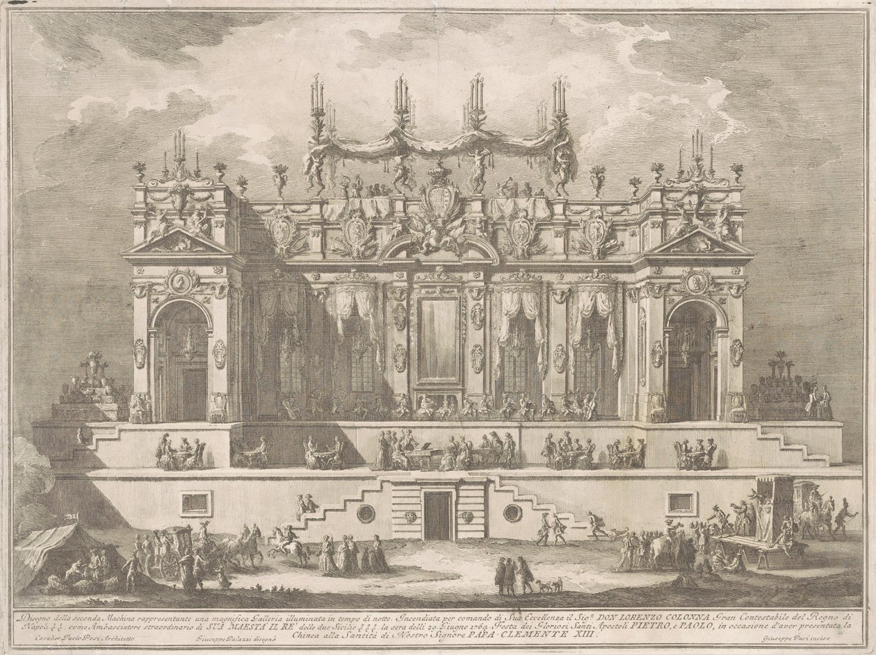 De Seconda Macchina voor de Chinea van 1764: Een Prachtige Galerij Verlicht in de Nacht door Giuseppe Vasi, after Giuseppe Palazzi, after Paolo Posi
