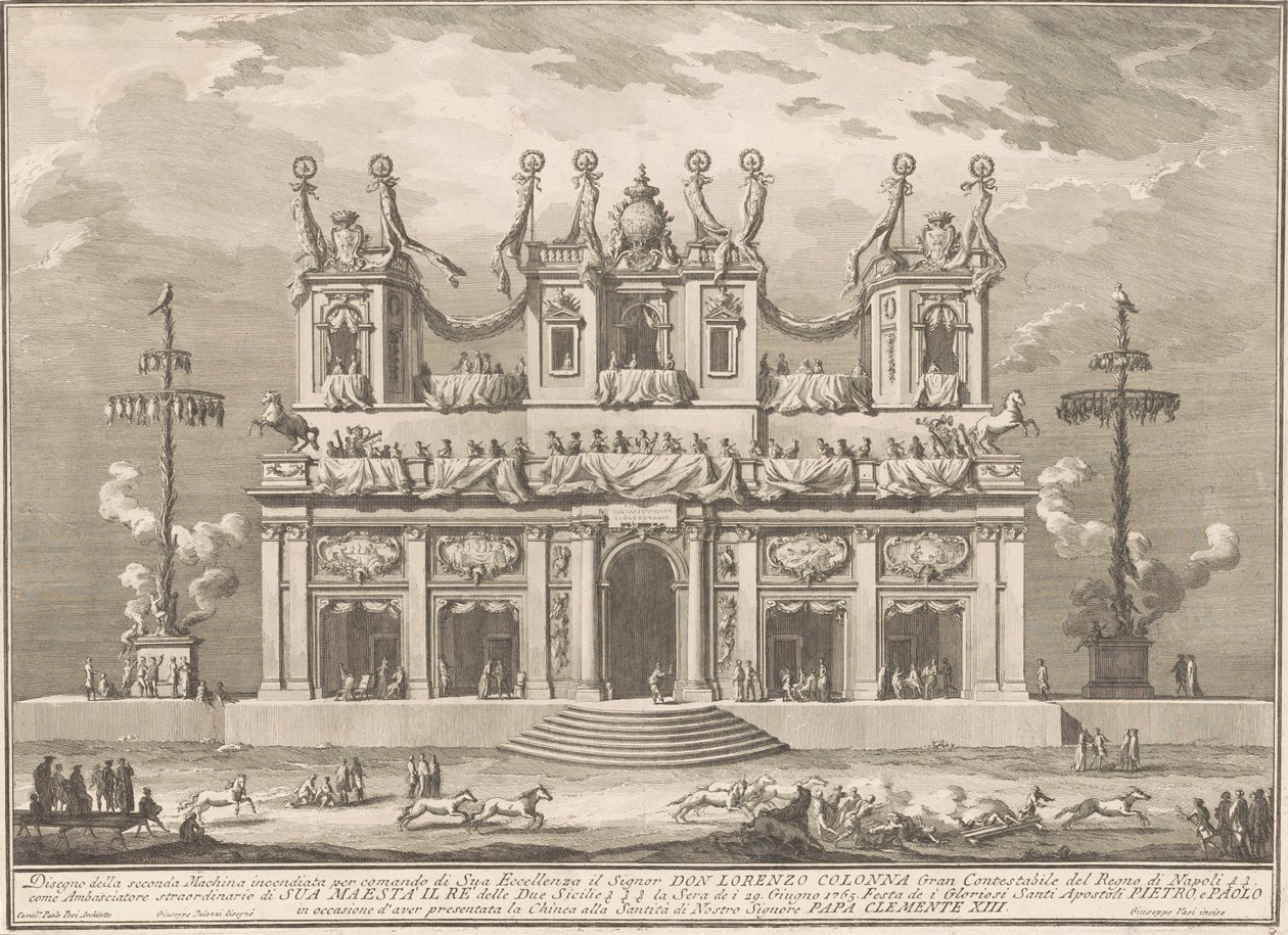 De Seconda Macchina voor de Chinea van 1765: Een versierd gebouw met Cockaigne-palen door Giuseppe Vasi, after Giuseppe Palazzi, after Paolo Posi