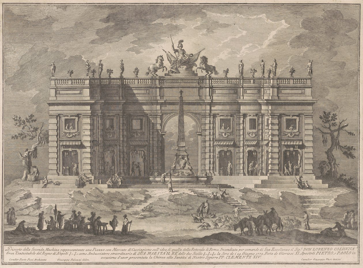 De Seconda Macchina voor de Chinea van 1772: Een Plein met een Wildmarkt en de Pantheonfontein door Giuseppe Vasi, after Giuseppe Palazzi, after Paolo Posi
