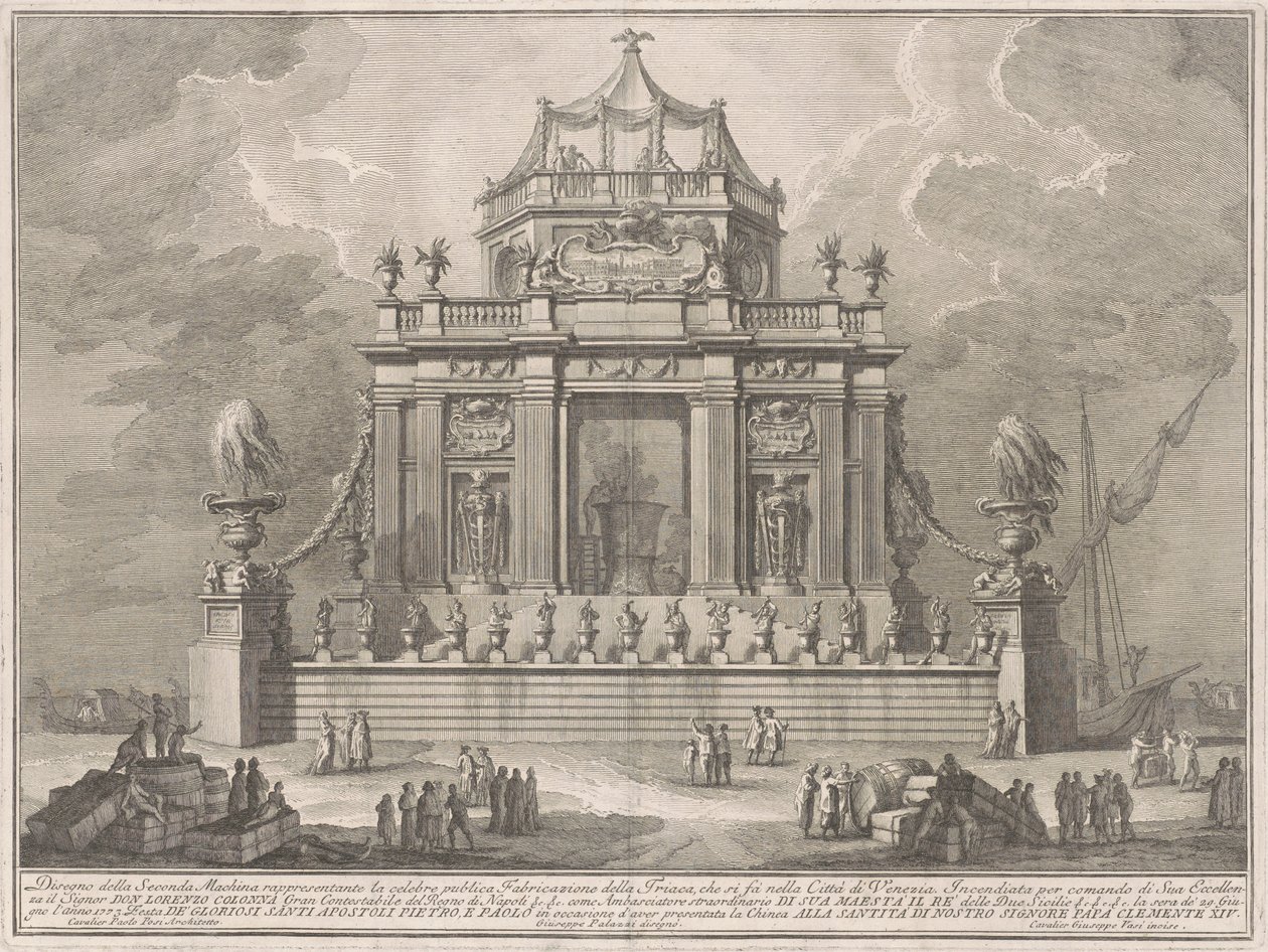 De Seconda Macchina voor de Chinea van 1773: De bereiding van Theriac in Venetië door Giuseppe Vasi, after Giuseppe Palazzi, after Paolo Posi