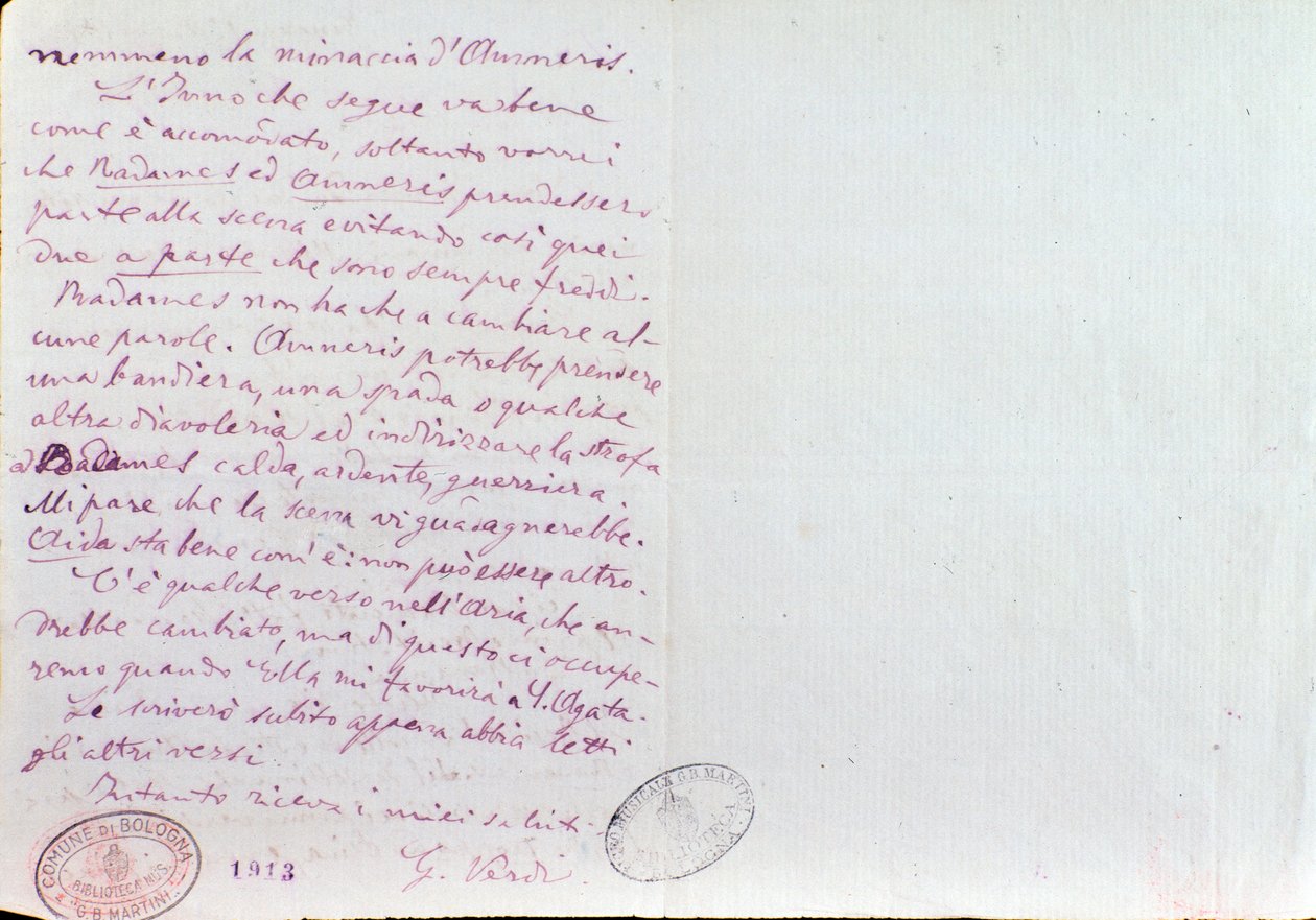 Handgeschreven brief van Giuseppe Verdi aan Aida librettist Antonio Ghislanzoni door Giuseppe Verdi