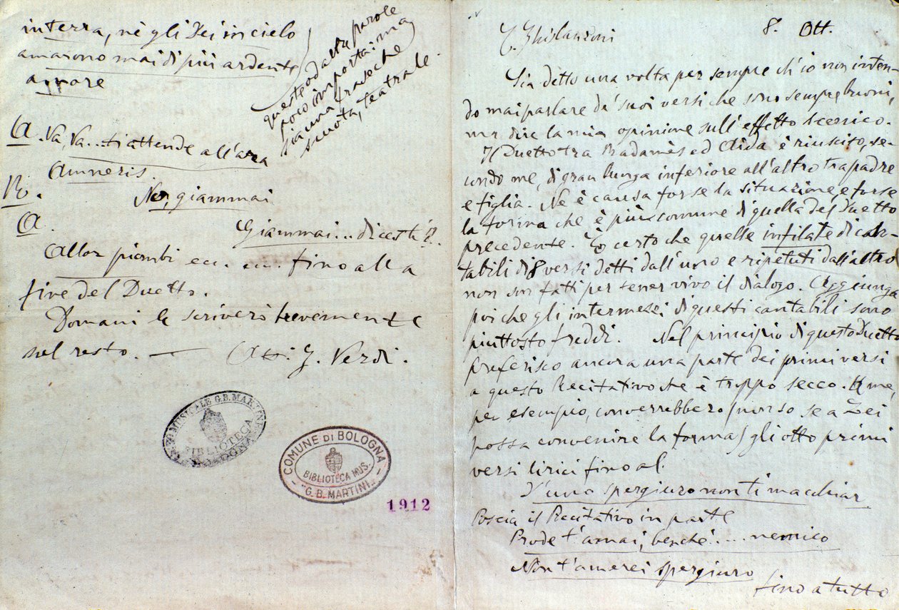 Handgeschreven brief van Giuseppe Verdi aan Aida librettist Antonio Ghislanzoni door Giuseppe Verdi