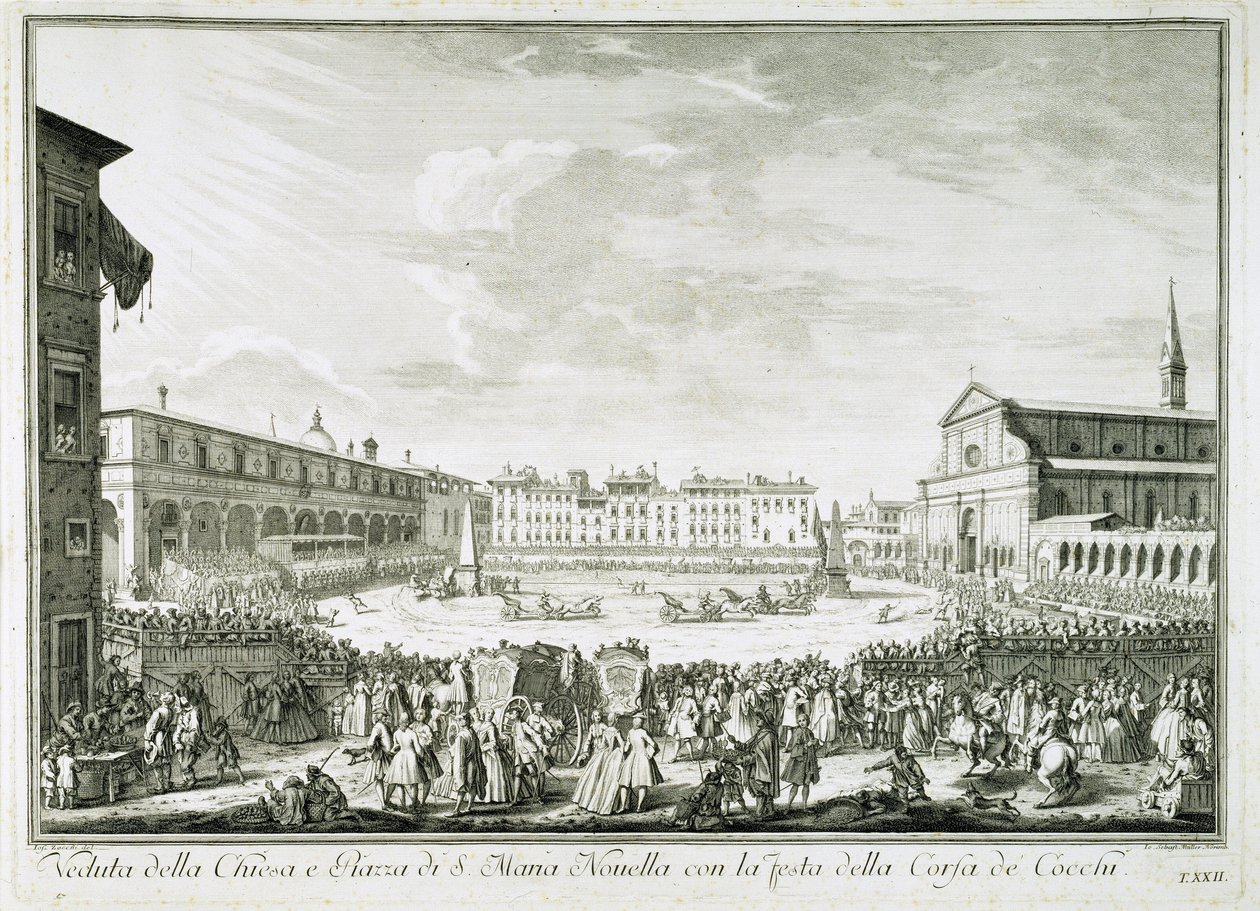 Festa della Corsa dei Cocchi op het Piazza Santa Maria Novella. Het feest van Corsa dei Cocchi plein van de Kerk van Santa Maria Novella in Florence. Tekening door Giuseppe Zocchi. Firenze, Biblioteca Riccardiana. door Giuseppe Zocchi
