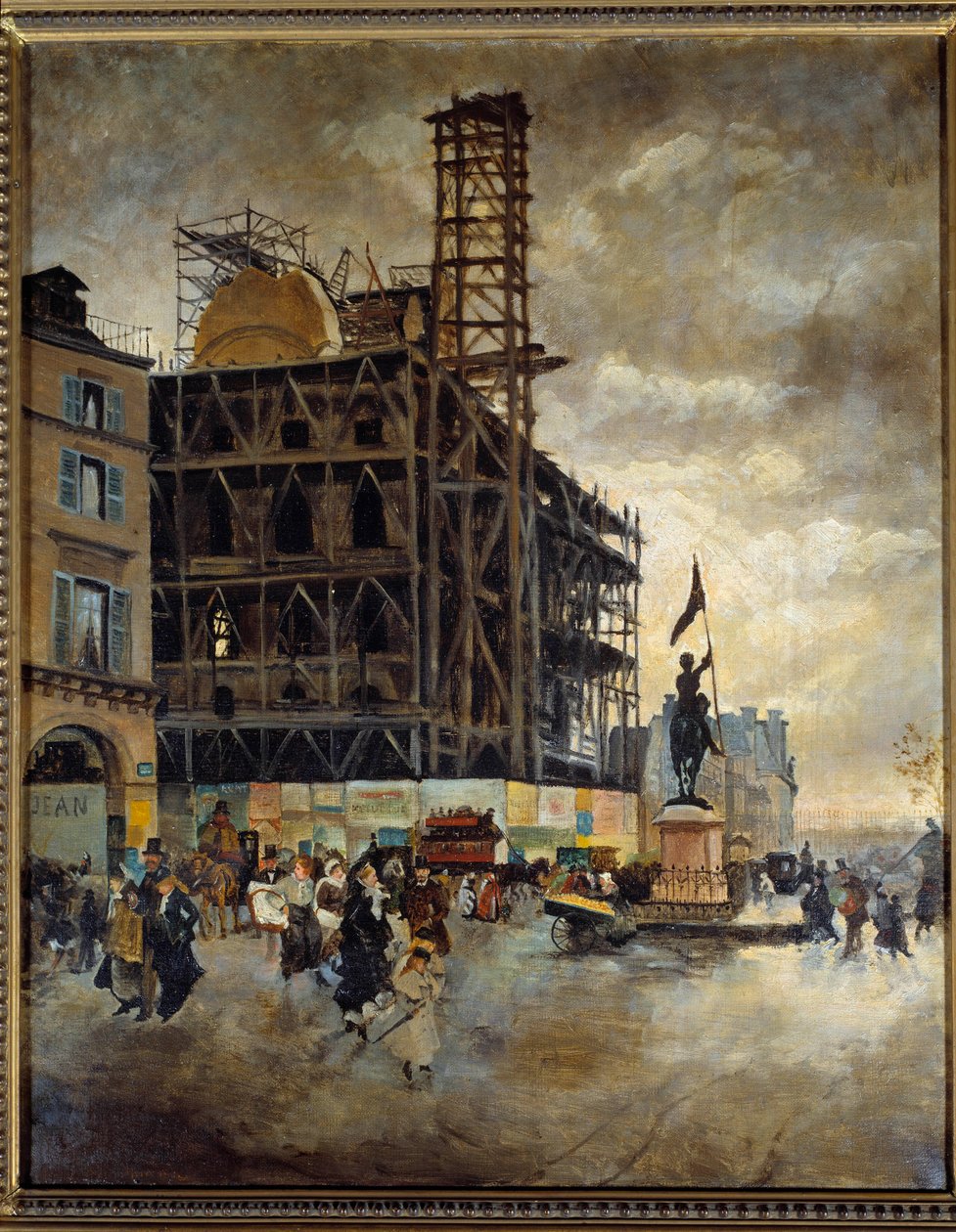 Place de Pyramides, bouw van het Marsan-paviljoen (Parijs) in 1880 door Giuseppe or Joseph de Nittis