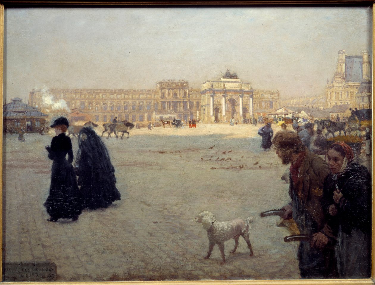 De Place du Carrousel ruïnes van de Tuilerieën in 1882. Tafel die een uitzicht op Parijs voorstelt. Schilderij door Giuseppe De Nittis (1846 - 1884) door Giuseppe or Joseph de Nittis
