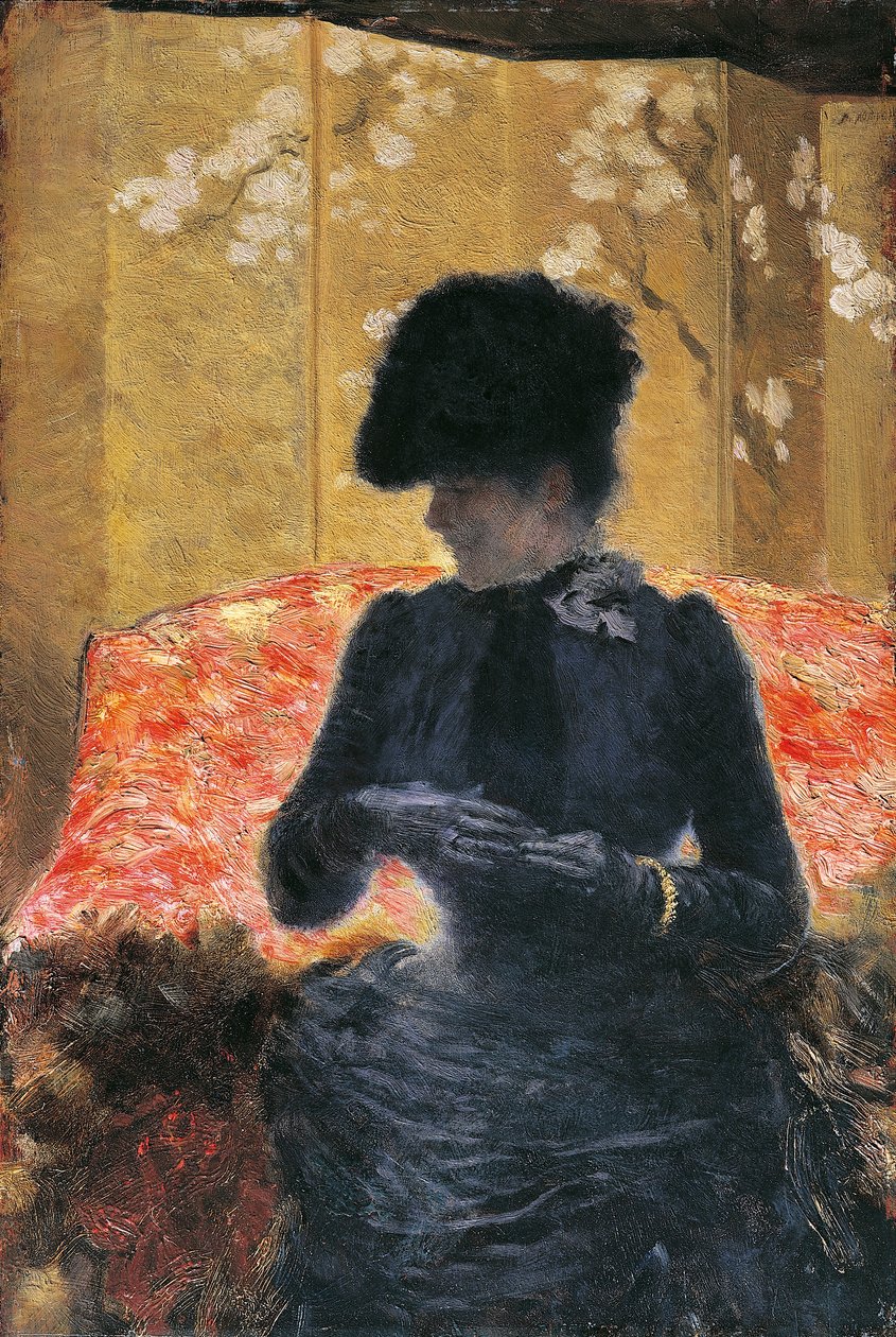 Vrouw op rode sofa door Giuseppe or Joseph de Nittis