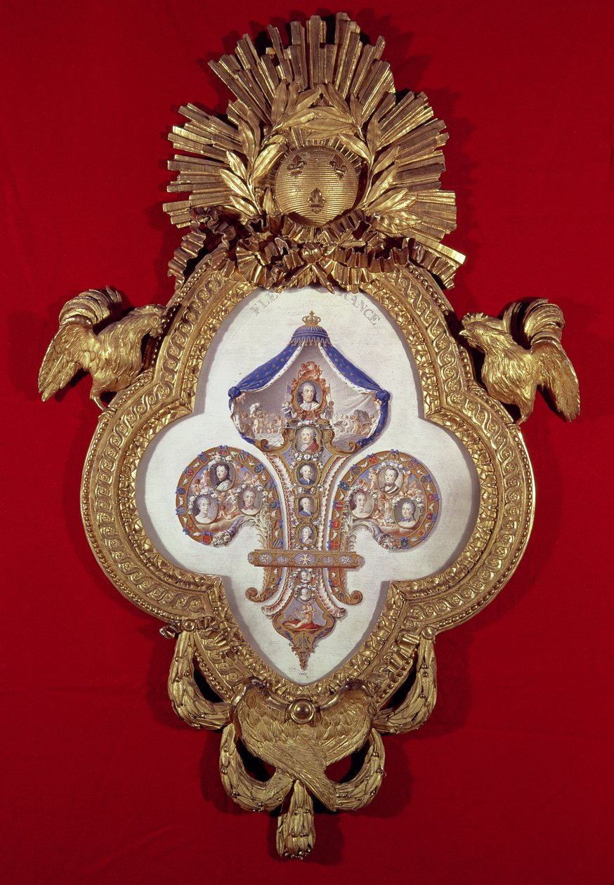 De Fleur de France, genealogische boom met dertien portretten van Lodewijk XV (1710-74) en zijn nakomelingen in een fleur-de-lys gevormde lijst, 1765 (goud en email) door Glokeur de Surchamps