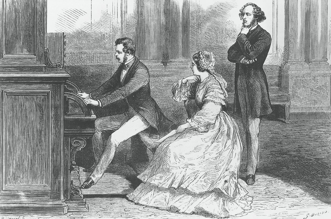 Prins Albert van Saksen spelend voor koningin Victoria en Felix Mendelssohn Bartholdy, gravure door Godefroy Durand
