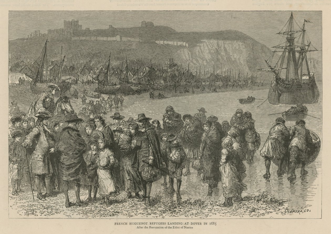 De hugenoten in Engeland: Franse Hugenoten-vluchtelingen landen in Dover in 1685 (gravure) door Godefroy Durand