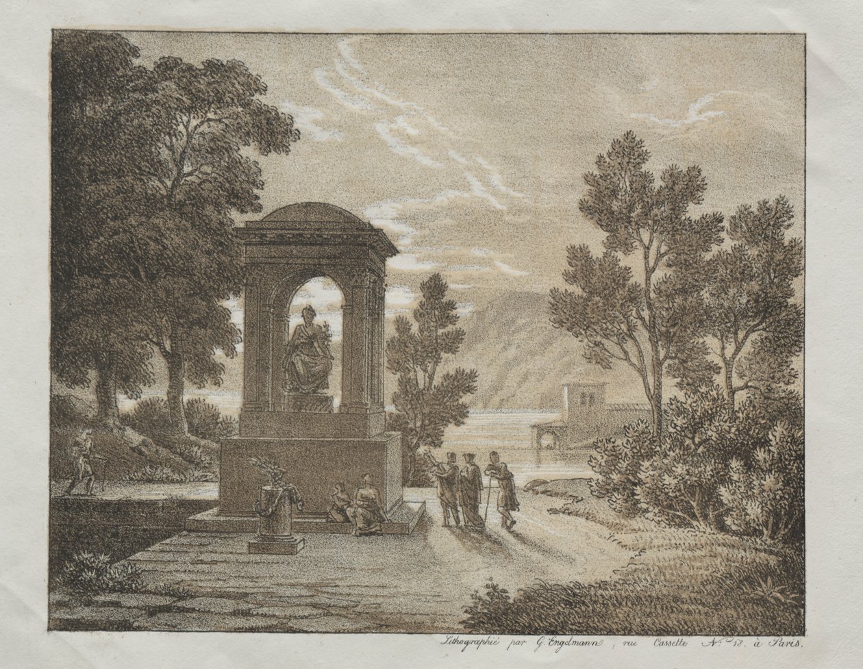 Boek van lithografische proeven met verschillende tekenmethoden zoals krijt, pen, penseel en was: Een landschap door Godefroy Engelmann