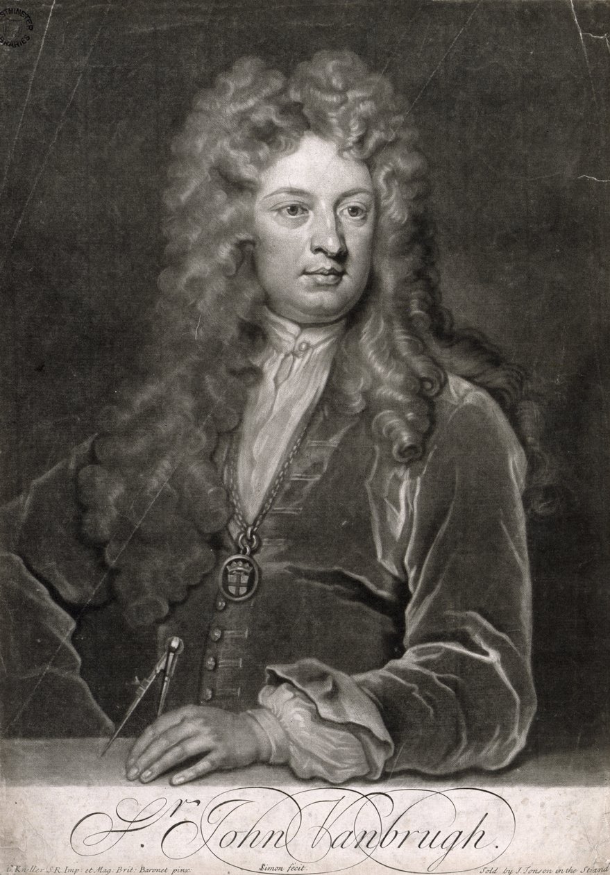 Sir John Vanbrugh, gegraveerd door John Simon door Godfrey Kneller