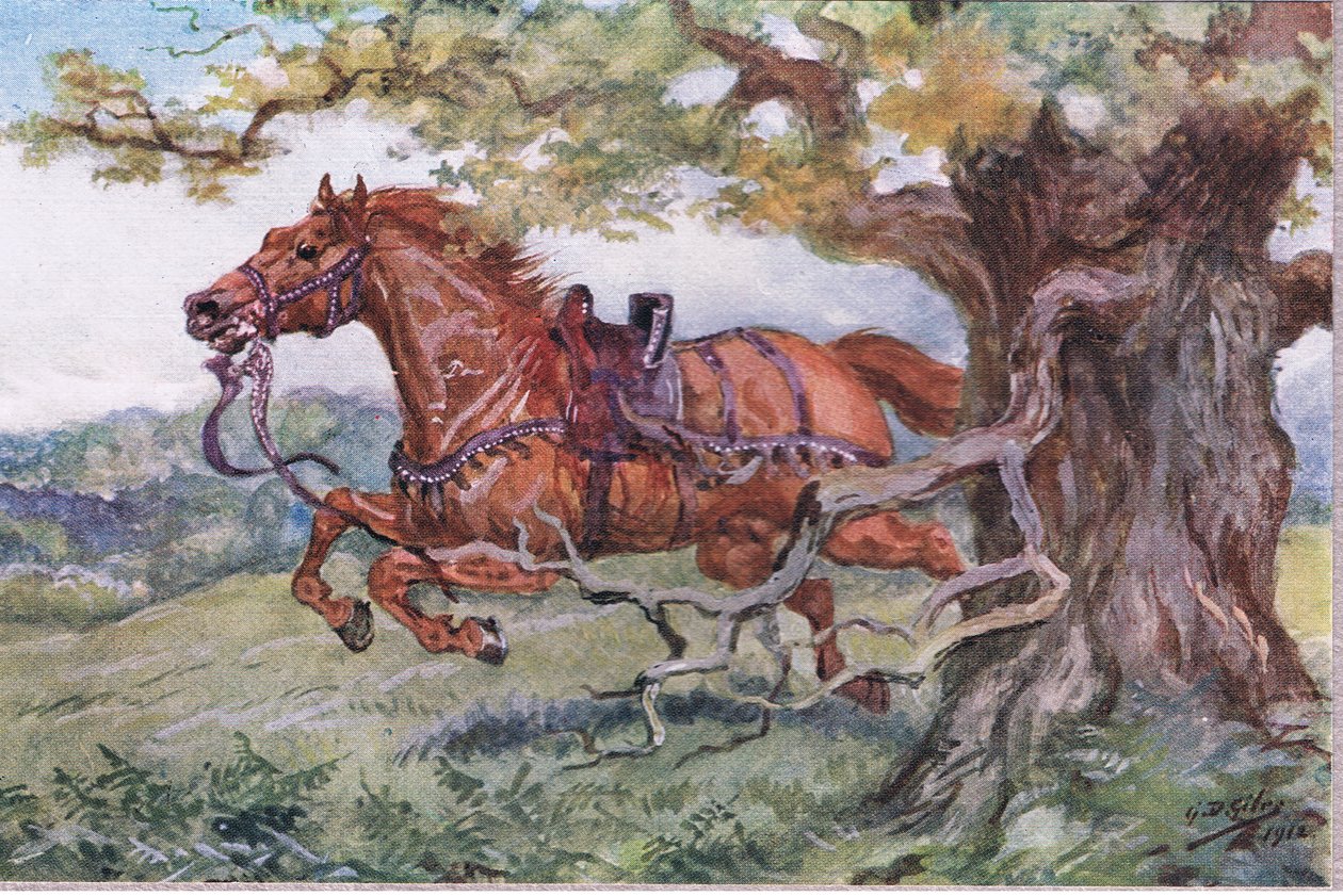 Onvergeven: lege zadel op zijn rug, uit Gedichten van Adam Lindsay Gordon uitgegeven door T. N. Foulis, 1912 door Godfrey Douglas Giles