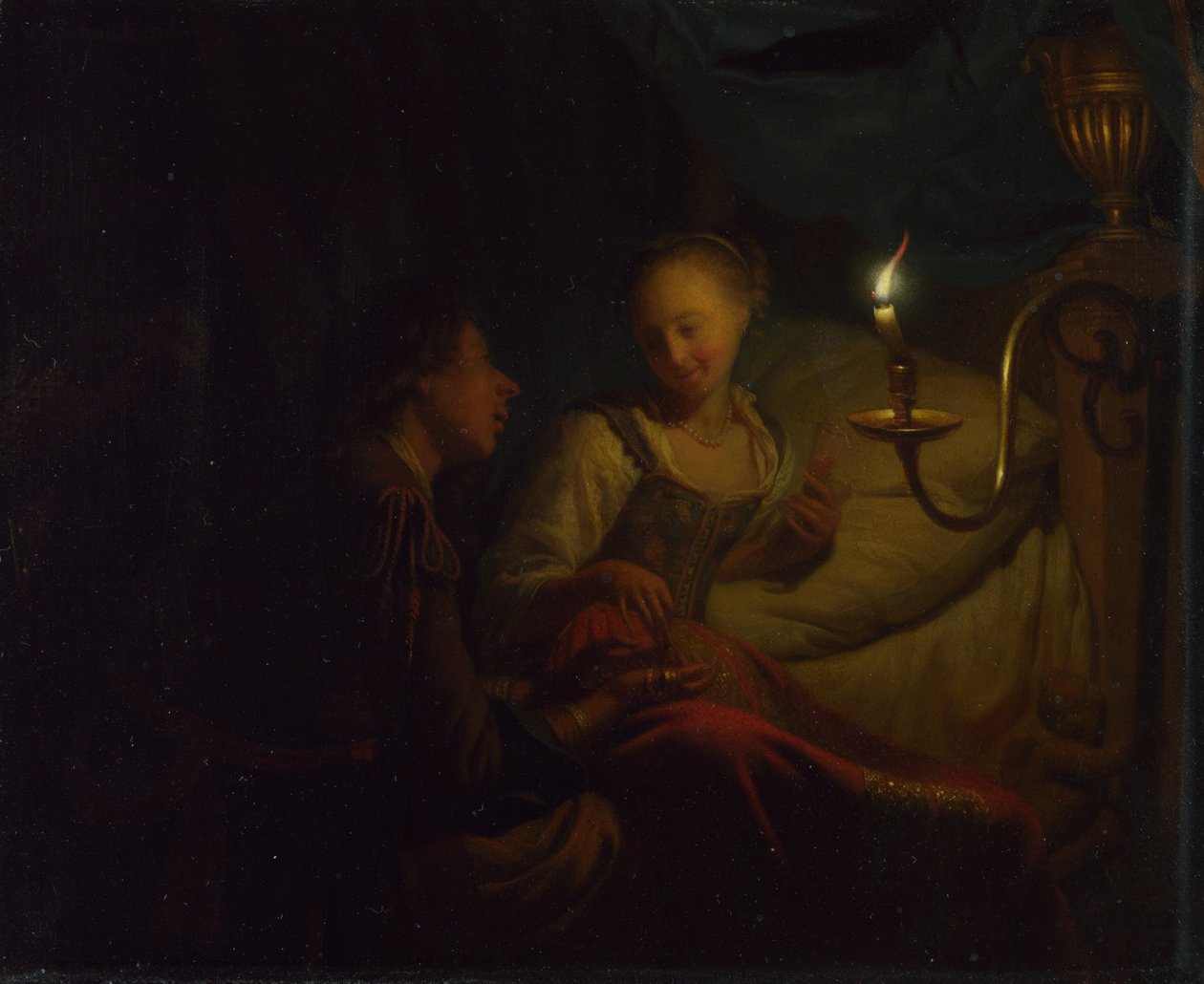 Een kaarslichtscène. Een man biedt een gouden ketting en munten aan een meisje op een bed, ca. 1665-1667 door Godfried Cornelisz Schalcken