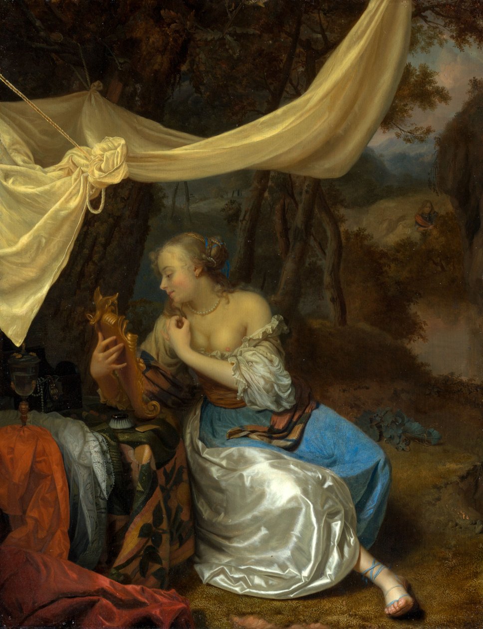 Vrouw met spiegel onder een baldakijn in een bosrijk landschap door Godfried Schalcken