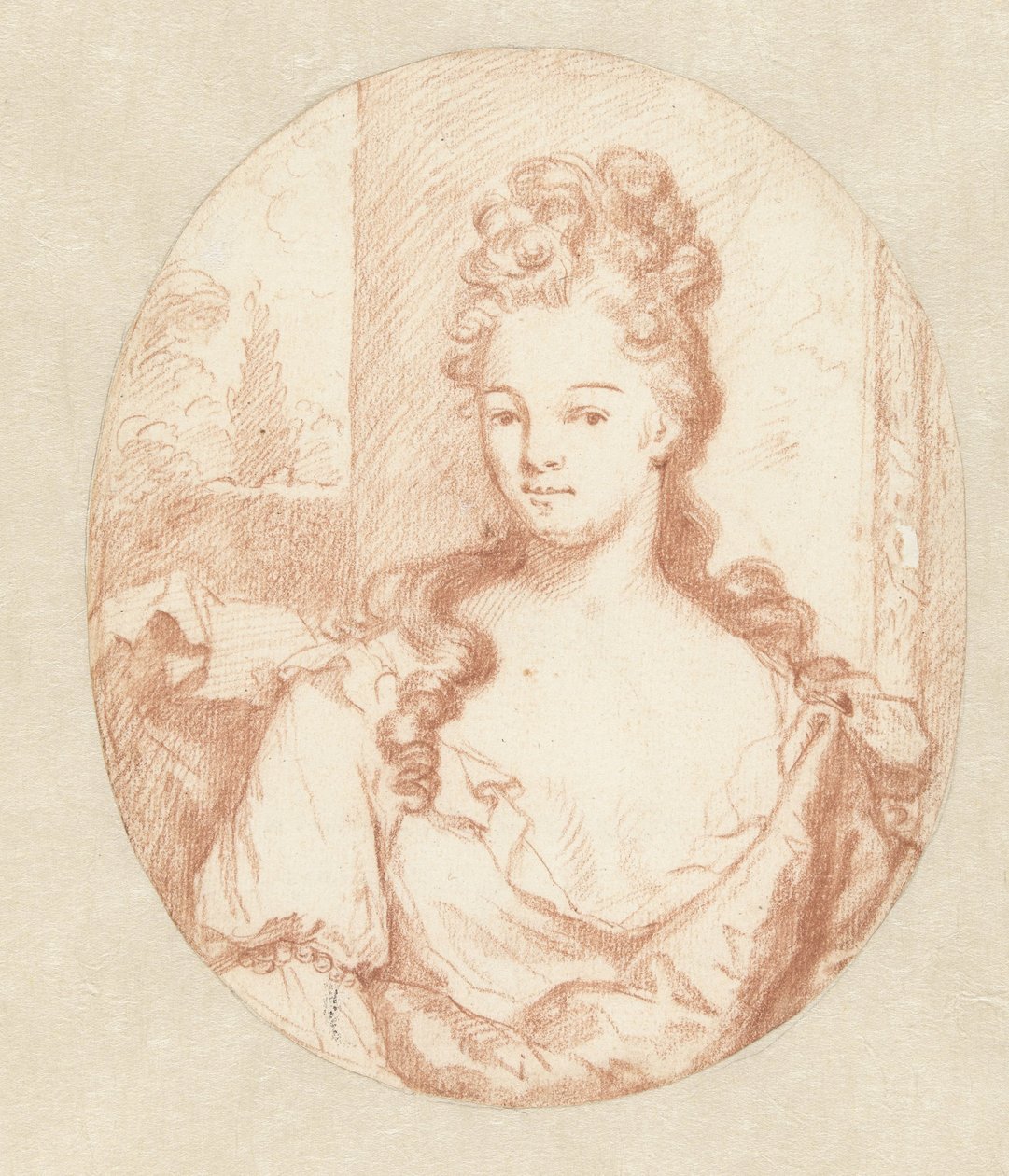 Portret van een onbekende jonge vrouw, in ovaal door Godfried Schalcken