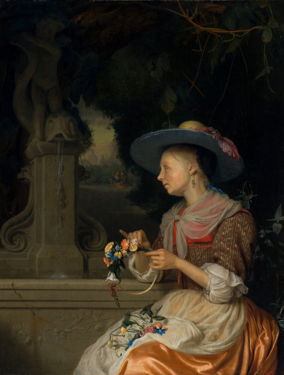 Vrouw die een bloemenkrans vlecht, ca. 1675-1680 door Godfried Schalcken
