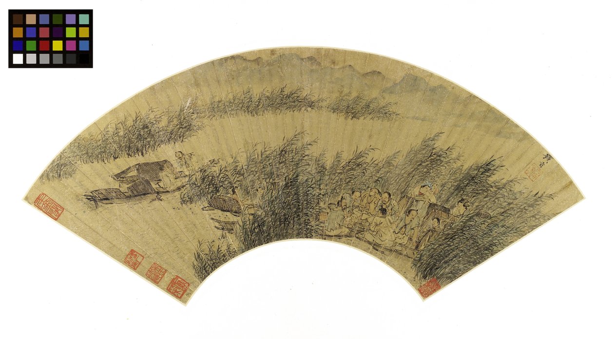 Vissers in boten, feestend aan de rand van een rivier, late 16e-begin 17e eeuw door Gong Qian