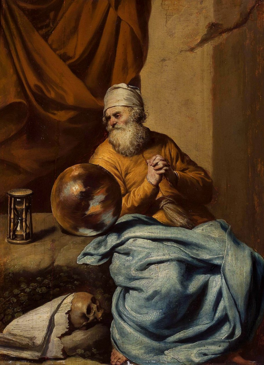 Oude man met een bol, een zandloper, een schedel en boeken (Vanitas) door Gonzales Coques