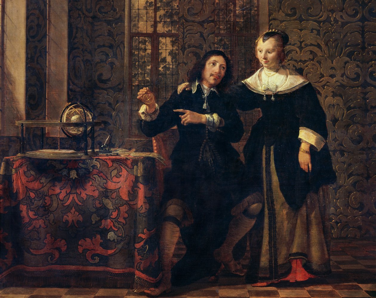 De astronoom en zijn vrouw, schilderij door Gonzales Coques, olieverf op paneel door Gonzales Coques