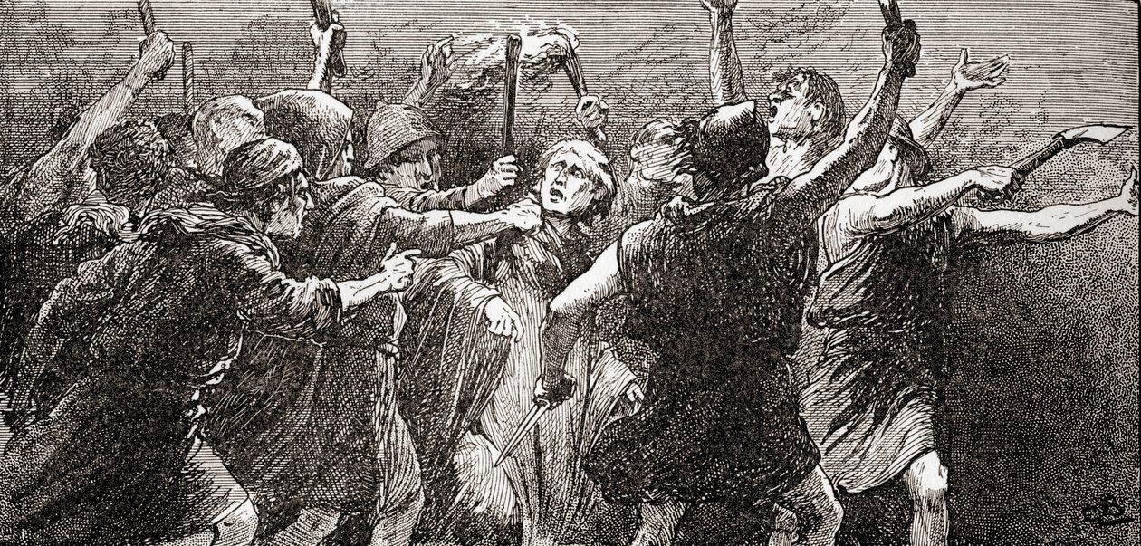 Een scène uit William Shakespeares toneelstuk Julius Caesar, Act III, Scene 3, Derde burger: Scheur hem, scheur hem, uit De Werken van William Shakespeare, gepubliceerd 1896 door Gordon Frederick Browne
