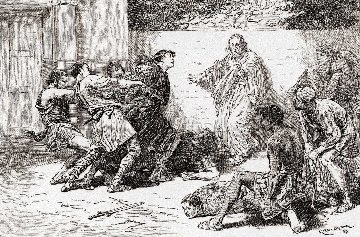Een scène uit William Shakespeares toneelstuk De Komedie der Vergissingen, Act V, Scene 4, Adriana: O, bind hem, bind hem, laat hem niet bij mij komen. Pinch: Meer gezelschap, de duivel is sterk in hem, uit De Werken van William Shakespeare, gepubliceerd 1 door Gordon Frederick Browne