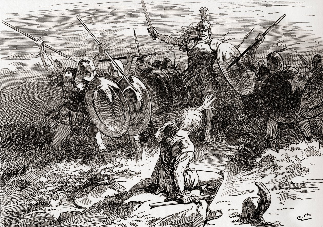 Een scène uit William Shakespeares toneelstuk Troilus en Cressida, Act V, Scene 10, Achilles: Sla, kameraden, sla, dit is de man die ik zoek, uit De Werken van William Shakespeare, gepubliceerd 1896 door Gordon Frederick Browne